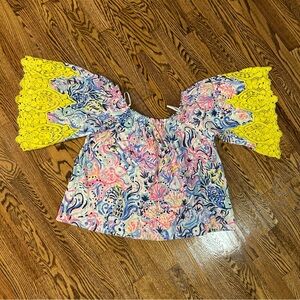 Lilly Pulitzer bright yellow crochet bell sleeve top size medium